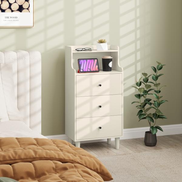 Cómoda com 3 Gavetas Cómoda de Quarto Estreita com Prateleiras Abertas Anti - Tombo Gaveteiro Alto 47x29x95 cm Branco Acinzentado