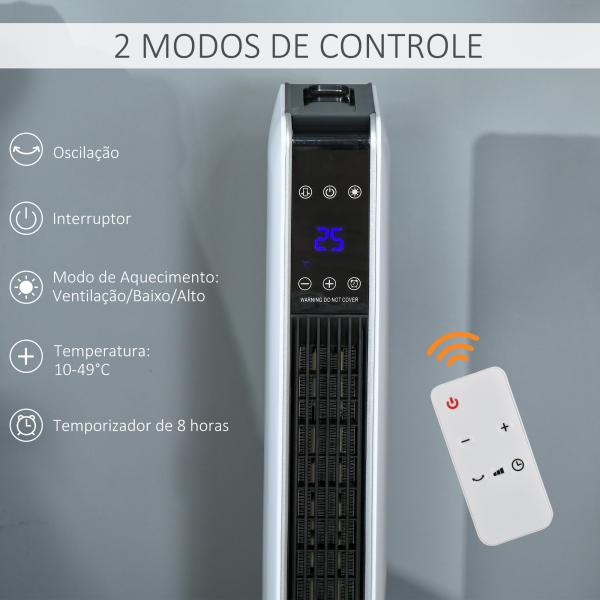 Aquecedor Cerâmico de Torre 1000/2000W com Controle Remoto Tela LED 3 Modos de Aquecimento Termostato Temporizador e Oscilação 65° para 25m² 21x21x73cm Branco