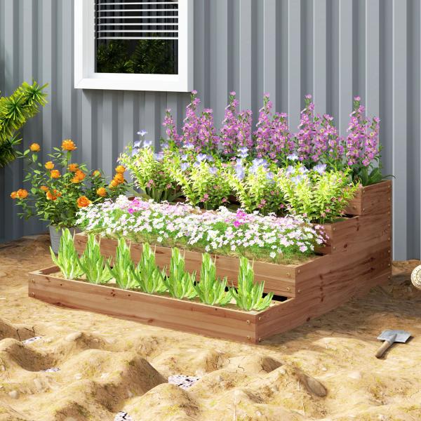 Floreira de Madeira Elevada de 4 Níveis com Desenho em Escada para Cultivos Plantas e Flores 113x113x46 cm Castanho Escuro