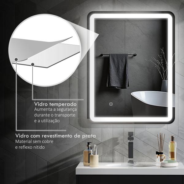 Espelho Casa de Banho com Luzes LED 70x90 cm Função Antiembaciamento 3 Temperaturas de Cor Ajustável e Função de Memória Prata