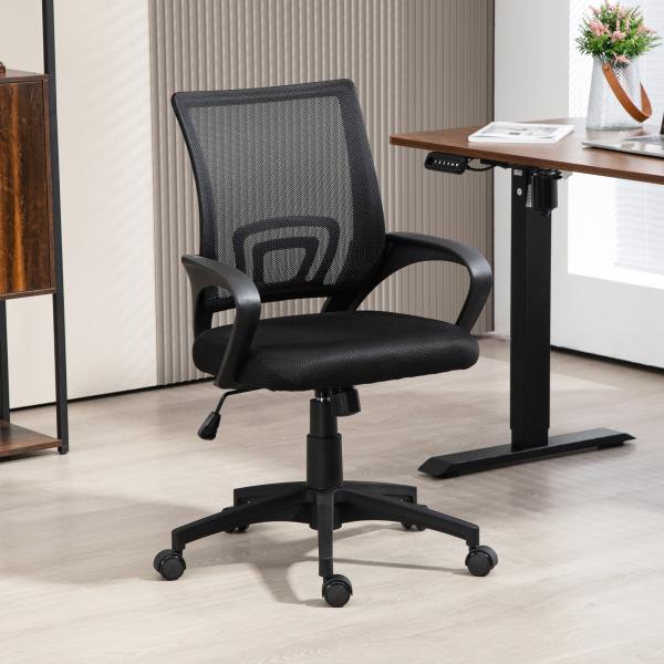 Cadeira de Escritório de Malha Giratória com Altura Ajustável Função Basculante e Apoio para os Braços 57x55x89 - 109 cm Preto