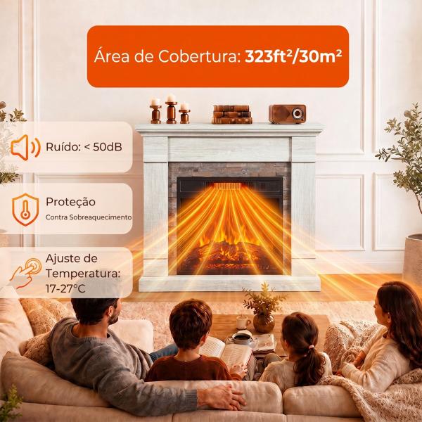 Lareira Elétrica Decorativa 1800 W com Efeito de Chama de 3 Níveis Termóstato Temporizador e Comando Madeira Natural