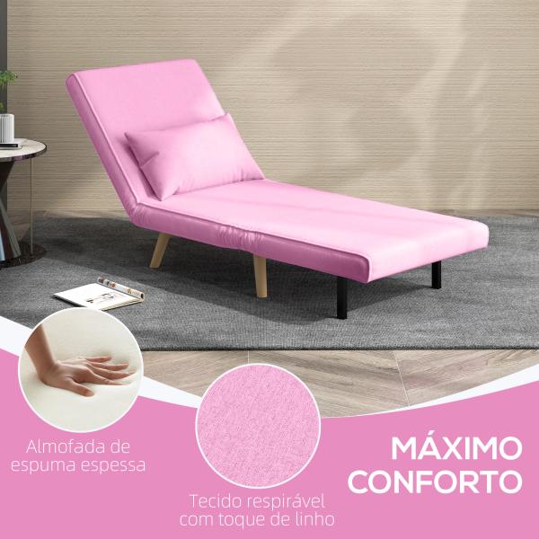 Sofá - Cama Individual Dobrável com Encosto Ajustável 5 Posições Cadeirão - Cama Estofado com Almofada 72x75x85 cm Rosa