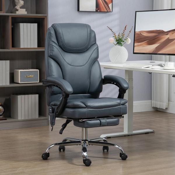 Cadeira de Escritório com 6 Pontos de Massagem por Vibração Aquecimento Estofada em Couro PU 67x67x113 - 121 cm Cinza