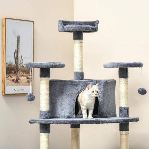 Árvore Arranhador para Gatos Grande 60x60x200cm com 2 Cavernas 2 Redes Cama Múltiplas Plataformas Postes Arranhadores de Sisal Natural e Bolas de Brinquedo Cinza