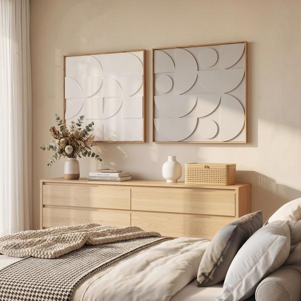Decoração de Parede em Madeira 3D Conjunto de 2 Peças com 80 cm e Padrões Geométricos Branco