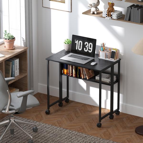 Secretária Dobrável com Rodas Prateleira e Bolso de Armazenamento Ideal para Espaços Pequenos 80x50x75 cm Preto