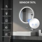 Espelho Casa de Banho Redondo com Luzes LED Ø60 cm Função Antiembaciamento 3 Luzes Função de Memória e Interruptor Tátil Prata
