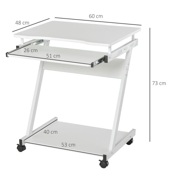 Mesa de Computador com Rodas 60x48 cm com Gaveta Deslizante para Teclado e Prateleira Inferior Estrutura Metálica Branca