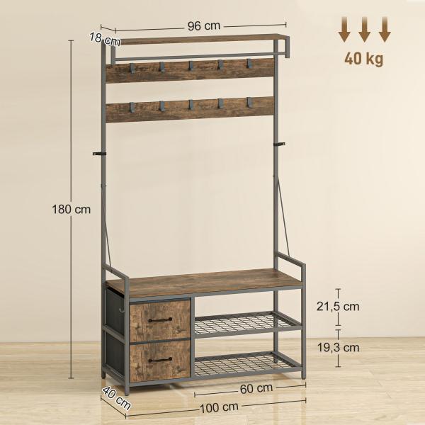 Móvel Cabide de Entrada com Banco 10 Ganchos 2 Gavetas e Barra para Pendurar Estilo Industrial 100x40x180 cm Castanho Rústico