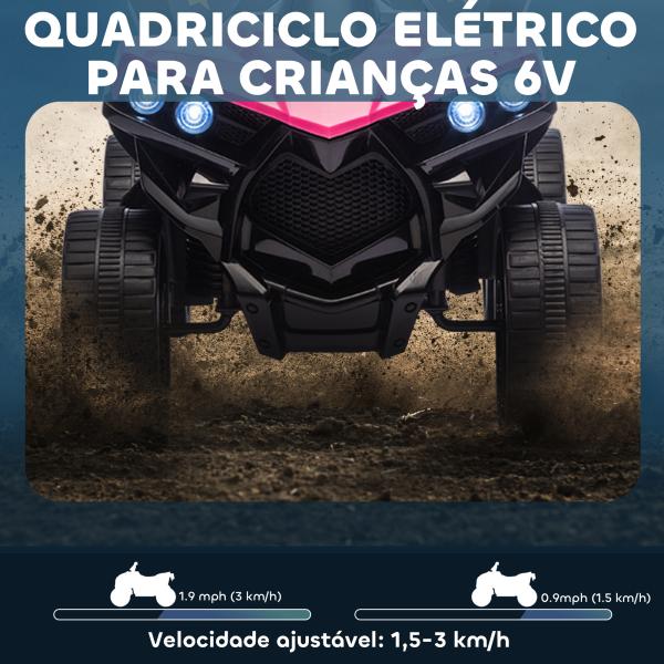 Quadriciclo Elétrico para Crianças 6 V Quadriciclo para Crianças com Velocidade até 3 km/h Faróis e Música 70x42x45 cm Rosa