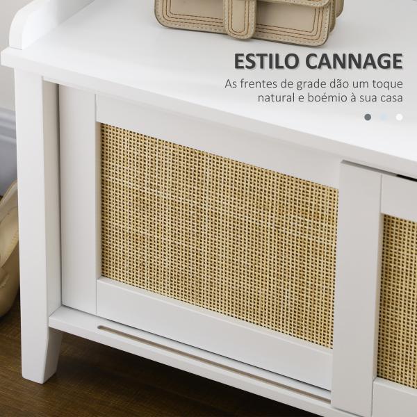 Banco Sapateira com 2 Portas de Vime Estilo Boémio Carga Máxima 130 kg para Corredor Entrada 80x35x45 cm Branco e Bege