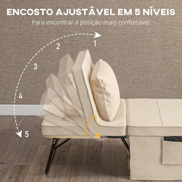 Sofá Cama 4 em 1 Estofado em Linho com Encosto Ajustável em 5 Níveis e Almofada Acolchoada 75x80x74 cm Creme