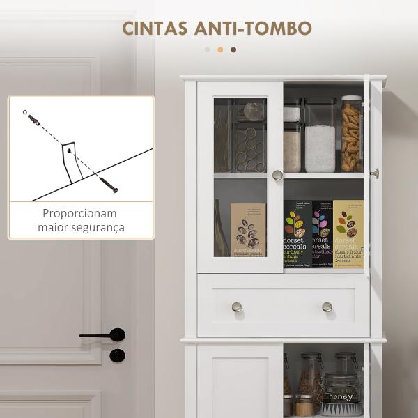 Armário de Cozinha Móvel Auxiliar de Cozinha com 2 Portas de Vidro Gaveta e Prateleiras Ajustáveis 61x35x168,5 cm Branco