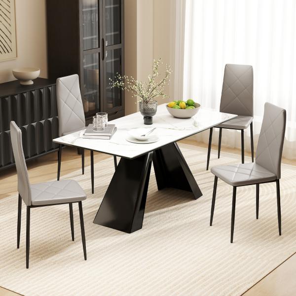 Conjunto de 4 Cadeiras de Sala de Jantar Estofadas em Couro Sintético com Encosto Alto e Pés de Aço 41x50x97 cm Cinza