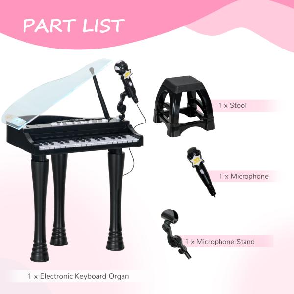Piano Eletrónico para Crianças com 32 Teclas Microfone banco Luzes 22 Músicas 4 Tons e Volume Ajustável 37x30,5x60,4 cm Preto