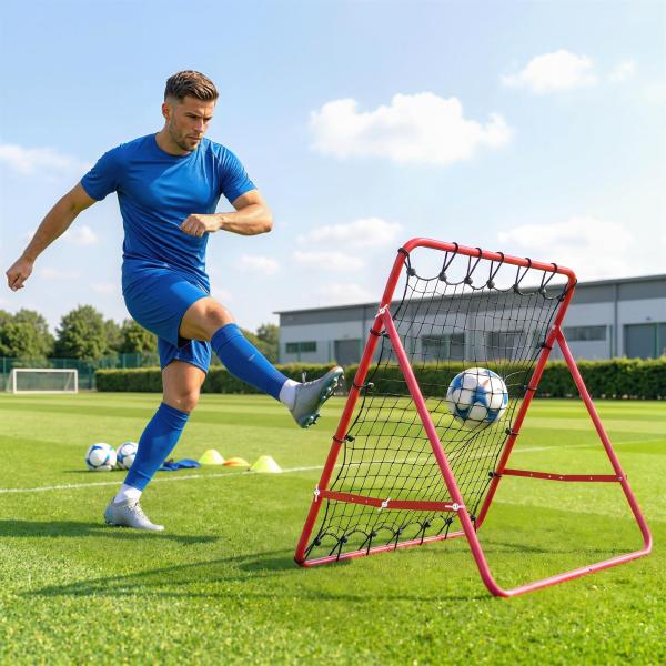 Rede de Rebote de Metal Rede de Rebote com Ângulo Ajustável e 20 Cordas Elásticas para Treinamento de Futebol Tenis Beisebol Desportes 96x80x96cm Vermelho
