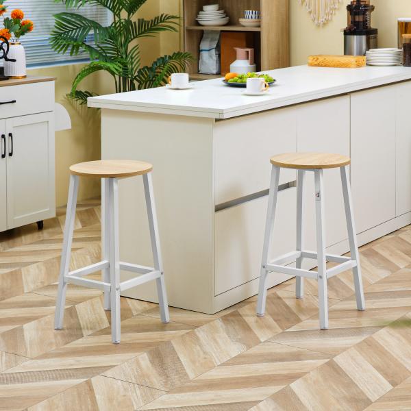 Conjunto de 2 Bancos Altos de Cozinha Bancos de Bar com Pés de Aço e Apoio para os Pés 32,5x32,5x65cm Madeira e Branco