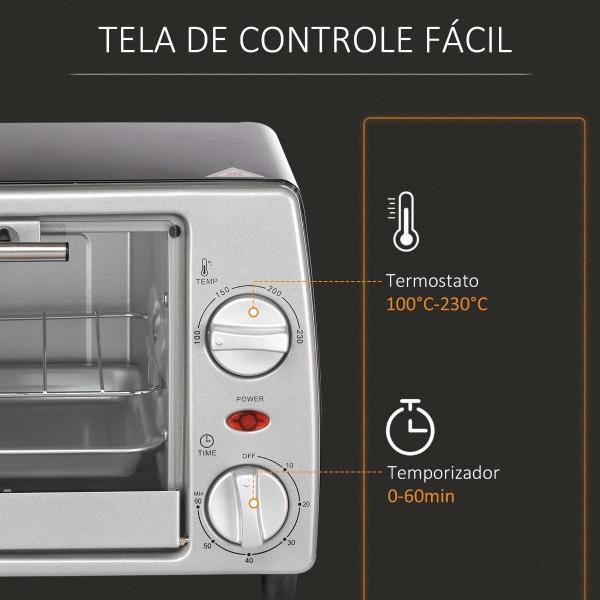 Mini Forno Elétrico de 10 Litros 750W com Temperatura até 230 °C Temporizador 60 Minutos Bandeja e Grade 36,5x26x22cm Preto e Prata