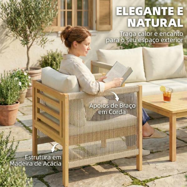Conjunto de Móveis de Jardim de 4 Peças com Sofá de 2 Lugares 2 Poltronas Mesa de Madeira Almofadas e Corda de PP Madeira e Bege
