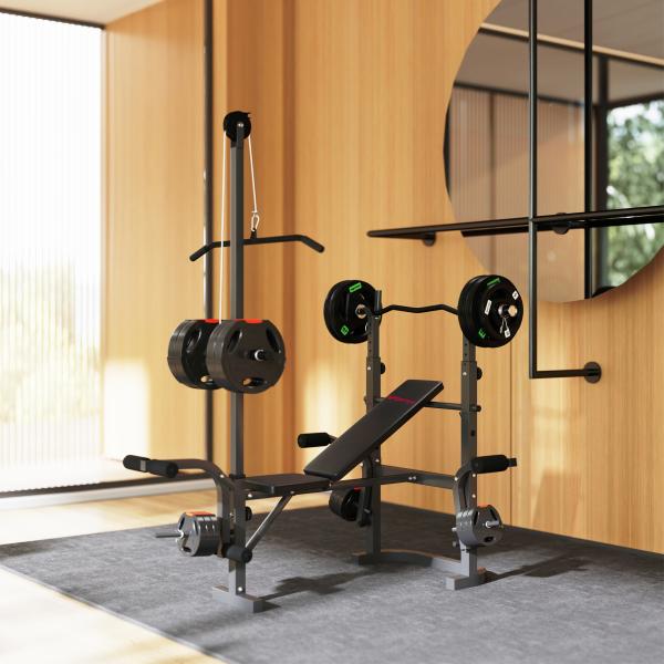 Banco de Musculação Multifuncional Inclinável Banco de Pesos com Suporte para Barra Ajustável Extensão de Pernas 106x155x202 cm Preto