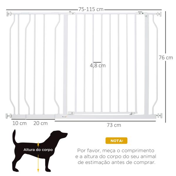 Barreira de Segurança para Cães Extensível para Escadas e Portas 75 - 115cm com 2 Extensões e 10 - 20cm Montagem a Pressão Aço Altura 76cm Branco