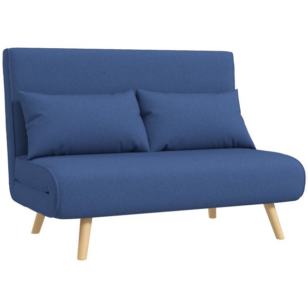 Sofá - Cama de 2 Lugares Estofado Tipo Linho com Encosto Ajustável em 5 Posições e 2 Almofadas 120x75x85 cm Azul Escuro