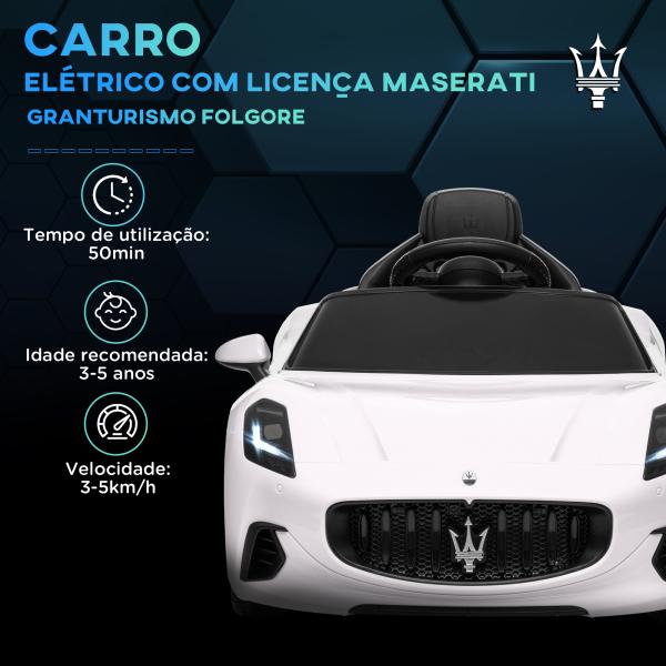 Carro Elétrico para Crianças Maserati Gran Turismo Folgore 12V Controlo Remoto Faróis Buzina e Música MP3 98x59x43 cm Branco