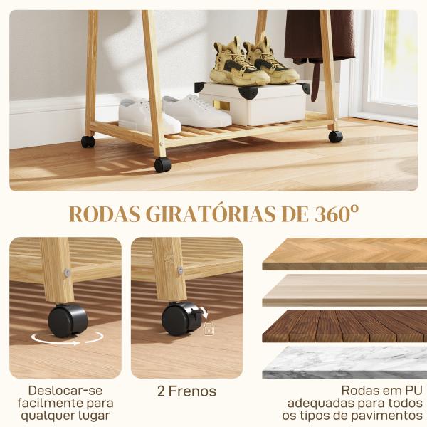 Charriot de Bambu para Roupa Charriot para Roupa com Rodas 2 Prateleiras Abertas e 2 Ganchos 84,5x43,5x158 cm Madeira
