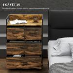 Cómoda de Quarto com 4 Gavetas Dobráveis Prateleira Aberta e Estrutura de Aço para Sala Entrada 60x29x85 cm Castanho Rústico