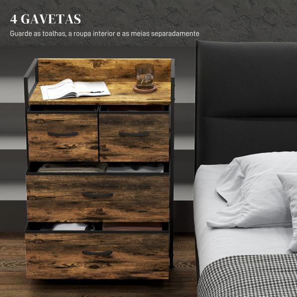 Cómoda de Quarto com 4 Gavetas Dobráveis Prateleira Aberta e Estrutura de Aço para Sala Entrada 60x29x85 cm Castanho Rústico
