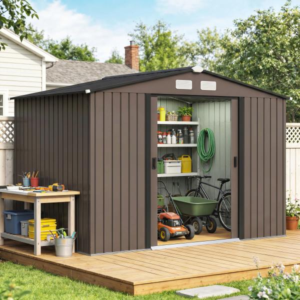 Abrigo de Jardim 277x195x192 cm Metálico para Armazenamento de Ferramentas com Base de Reforço Incluída Madeira