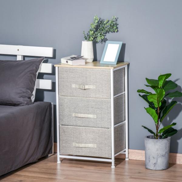 Mesa de Cabeceira com 3 Gavetas de Tecido para Dormitório Sala de Estar Corredor 45x30x71 cm Cinza e Branco