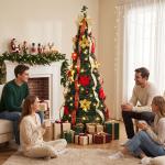 Árvore de Natal Desdobrável 180 cm com 100 Luzes LED, 11 Modos, Comando à Distância e Decoração Incluída, Verde