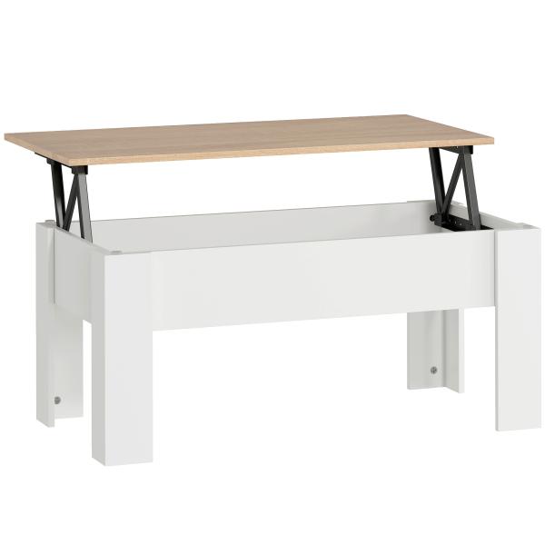 Mesa de Centro com Bancada Elevatória Compartimento Aberto e Oculto 100x50x45 - 58,5 cm Branco e Madeira