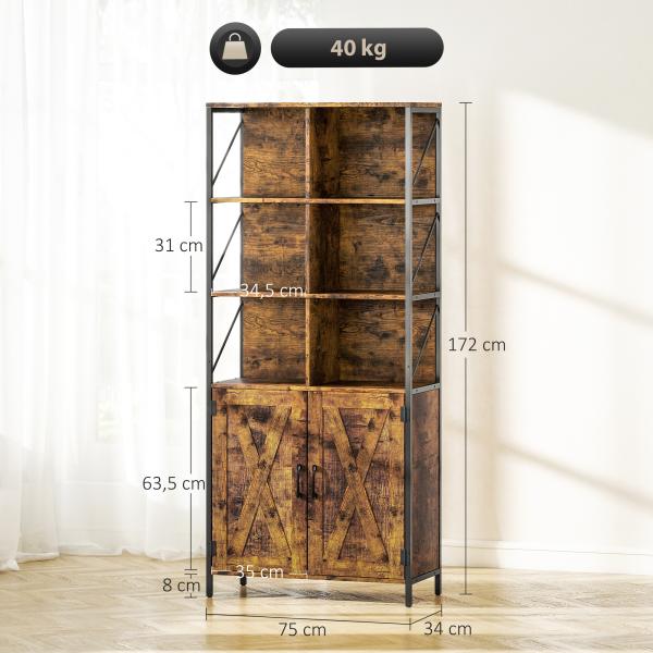 Estante de 6 Níveis Estante de Livros com Compartimentos Abertos 2 Portas Estilo Industrial 75x34x172 cm Castanho Rústico