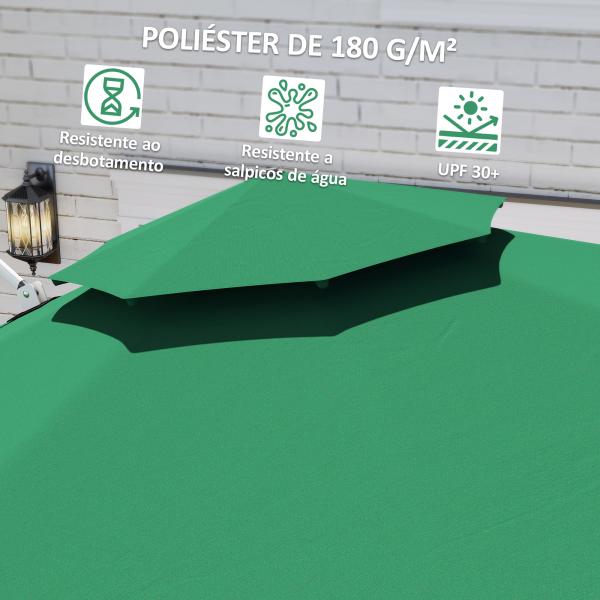 Chapéu de Sol Excêntrico Ø292 cm com Manivela Rotativo 360° Inclinação Ajustável Duplo Teto e Base Cruzada Verde Escuro