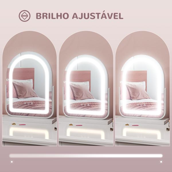 Espelho de Maquilhagem com Luz LED Giratório com 3 Modos de Iluminação Rotação Regulável de 360° e Função de Memória Branco