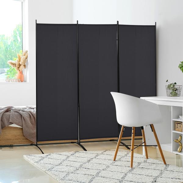 Biombo de 3 Paineis Separador de Ambientes Dobrável Biombo de Privacidade com 6 Pés de Metal 253x50x182 cm Preto