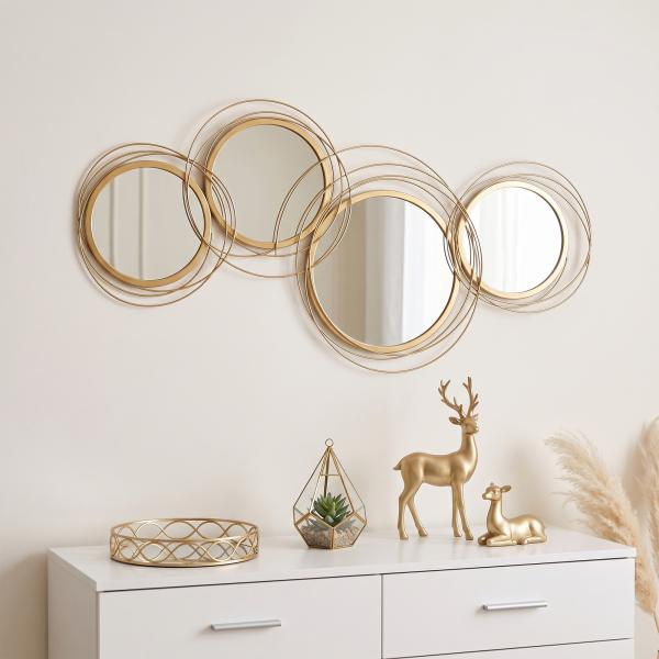 Decoração de Parede 3D de Espelhos Redondos 107x56cm Arte de Parede Decoração de Parede Metálica Dourado