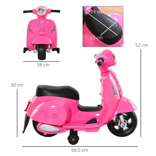 Mota Elétrica Infantil Vespa 6V com Farol, Buzina e Rodas Auxiliares para Crianças de 18 - 36 Meses Rosa 66,5x38x52 cm