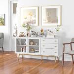 Aparador de Sala de Estar com 2 Portas de Vidro 3 Gavetas e Pés de Madeira de Borracha 160x40x80 cm Branco e Madeira