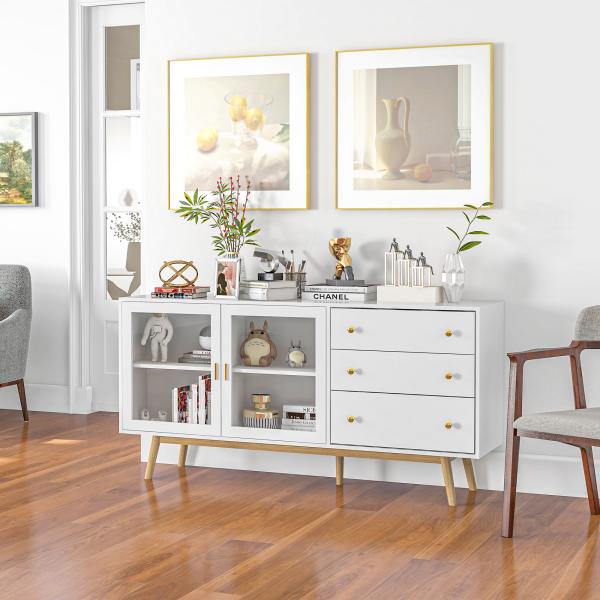 Aparador de Sala de Estar com 2 Portas de Vidro 3 Gavetas e Pés de Madeira de Borracha 160x40x80 cm Branco e Madeira