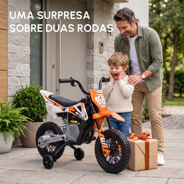 Moto Elétrica Infantil 12V com Música, Velocidade 2,4 - 5 km/h, Rodas Auxiliares, 109,5x60x72,5 cm, Laranja