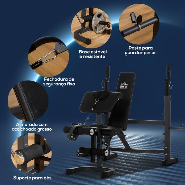 Banco de Musculação Multifuncional Banco de Pesos com Encosto Inclinável e Suporte de Barras com Altura Ajustável para Treinamento do Corpo Completo 187x140x117 - 136cm Preto