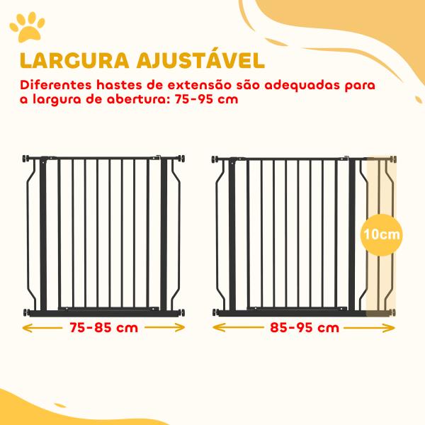 Barreira de Segurança para Cães Extensível para Escadas e Portas 75 - 95 cm com 1 Extensão e 10 cm Altura 76 cm Preto