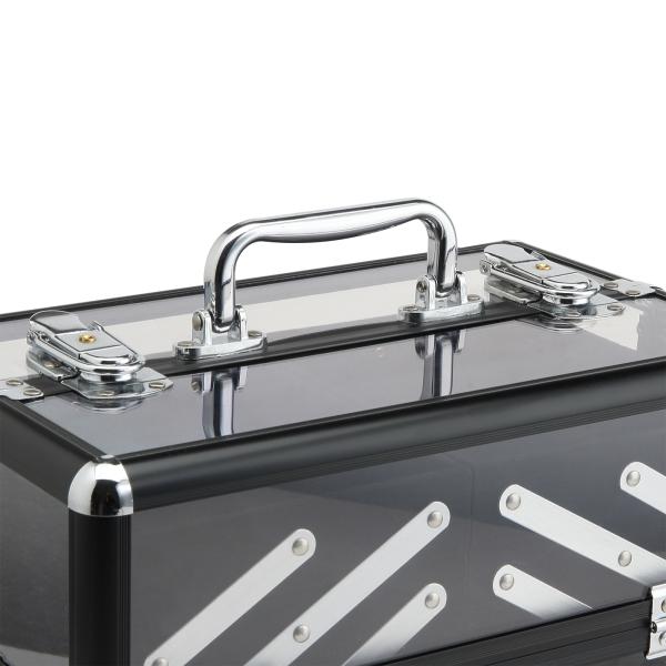 Estojo de Maquilhagem Organizador de Cosméticos Portátil com Múltiplos Níveis Alça e Bandejas 30x18,5x22 cm Preto e Transparente