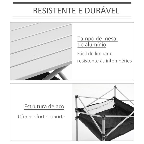 Mesa Dobrável de Campismo Mesa de Piquenique com Armazenamento e Bolsa de Transporte 70x70x69 cm Prata e Preto