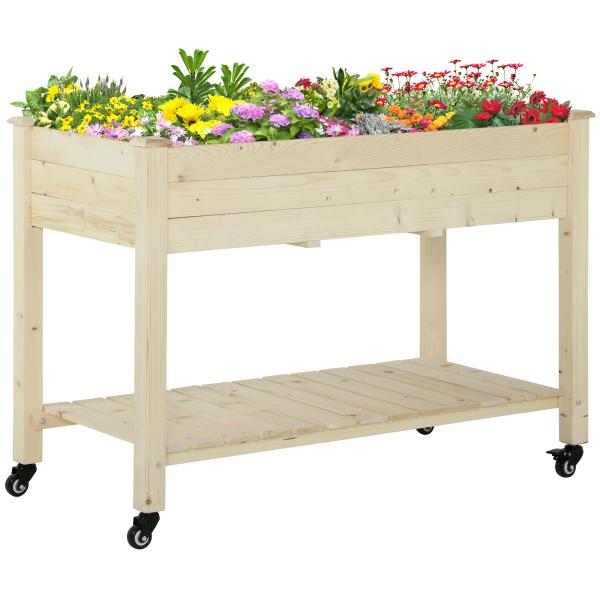 Horta Vertical Mesa de Cultivo Elevada com Prateleira Tecido Geotextil Rodas com Freios Portátil para Jardim Terraço 118x55x83cm Madeira Natural
