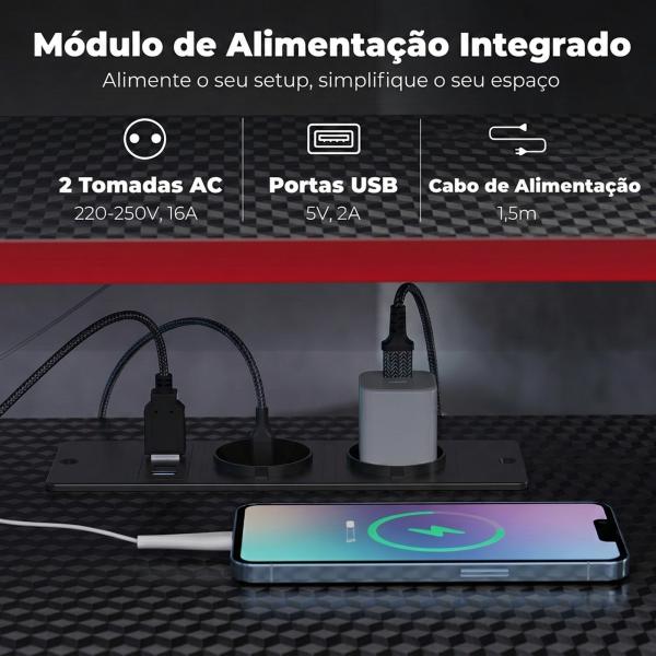 Secretária de Canto com Tomadas em Forma de L 128x128 cm com Suporte para Monitor Gancho e Suporte para Copos Preta